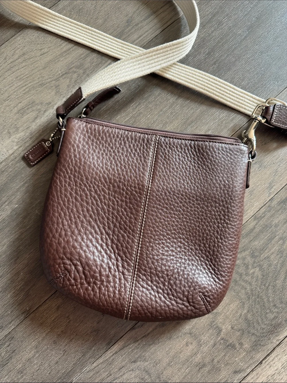 Coach Brown Pebbled Leather Messenger Crossbody with Cream Strap